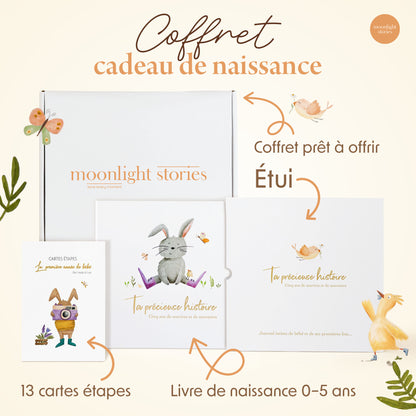 Ta précieuse histoire : coffret livre de naissance et 13 cartes